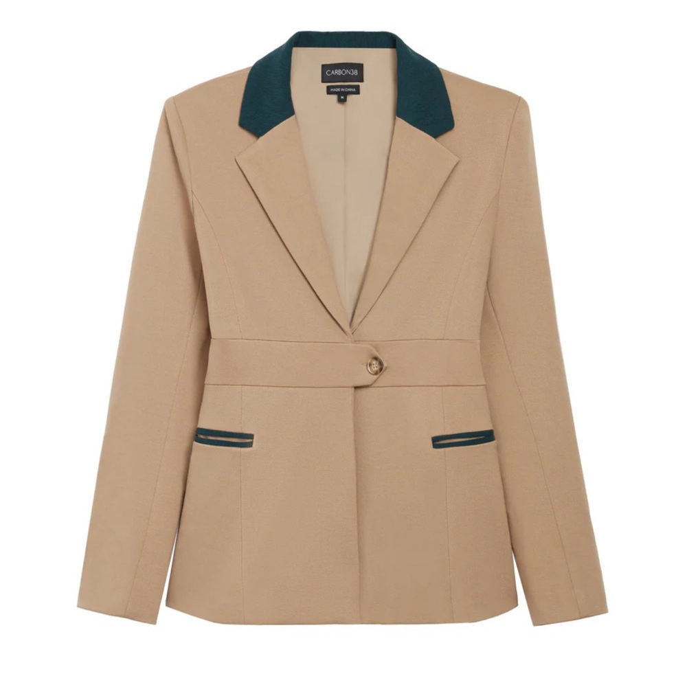 Carbon 38 Slim Tan One Button Blazer with Green Accent Collar and pocket trim - Picture 3 of 13